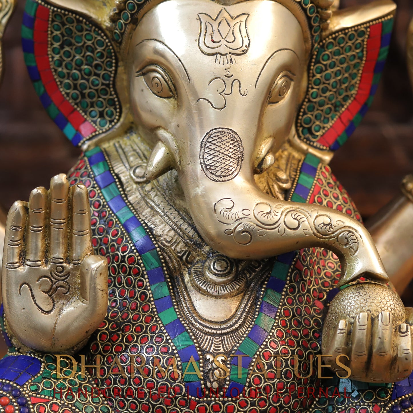 Brass Ganesh seated With crown, Golden & Stone work, 18.5”