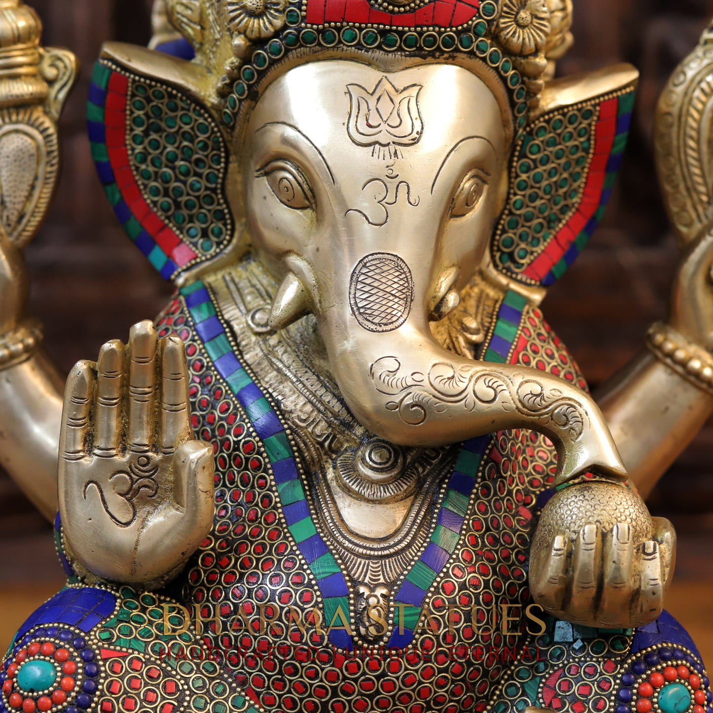 Brass Ganesh seated With crown, Golden & Stone work, 18.5”