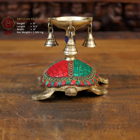 Brass Tortoise Diya with Hanging Bells, Golden & Stonework, 6"