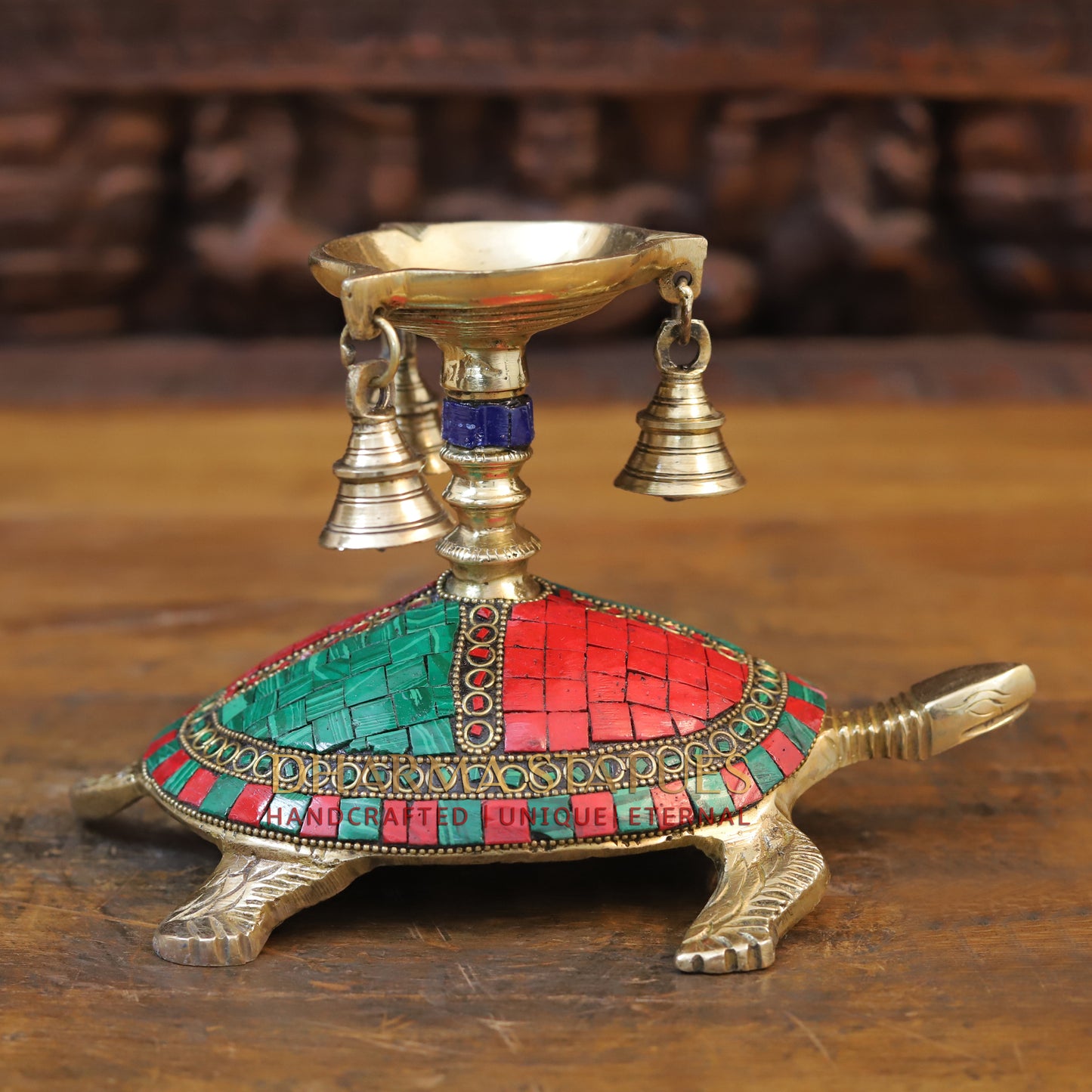 Brass Tortoise Diya with Hanging Bells, Golden & Stonework, 6"