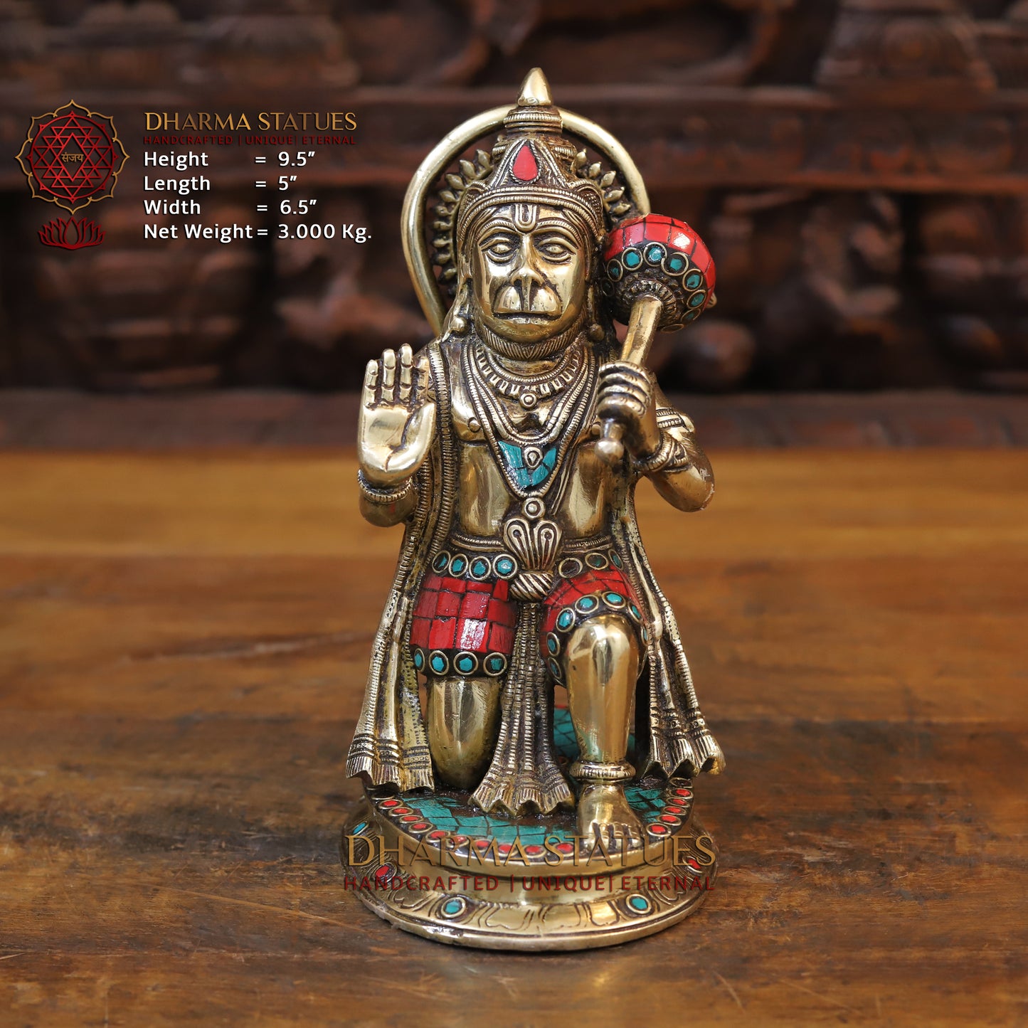 Brass Hanuman Idol, Seated in a Blessing Posture, Golden Finish & Stonework, 9.5"