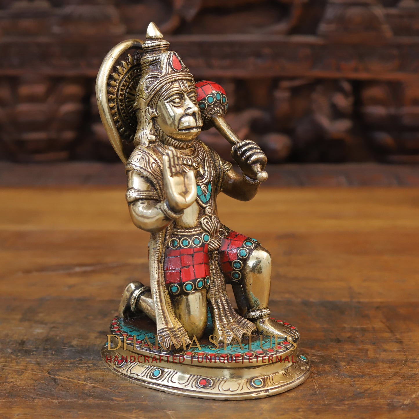 Brass Hanuman Idol, Seated in a Blessing Posture, Golden Finish & Stonework, 9.5"