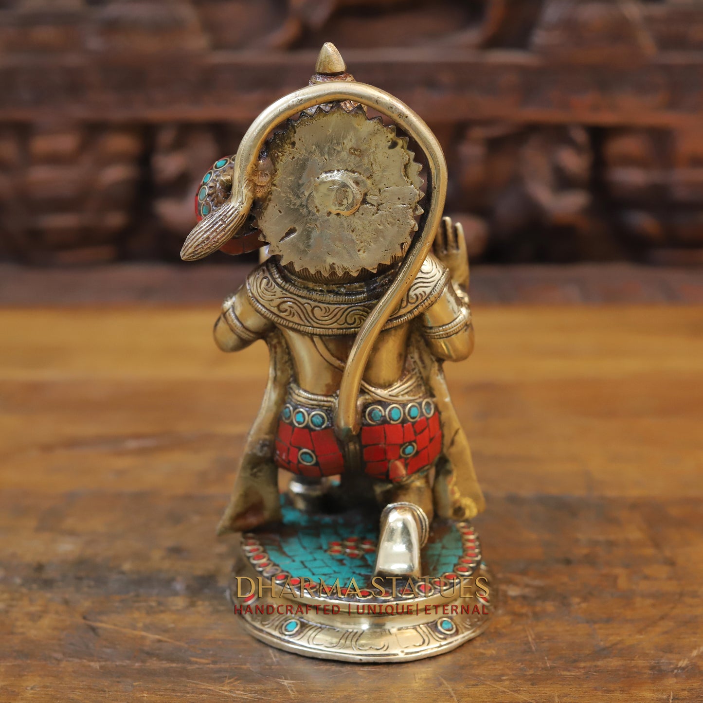 Brass Hanuman Idol, Seated in a Blessing Posture, Golden Finish & Stonework, 9.5"