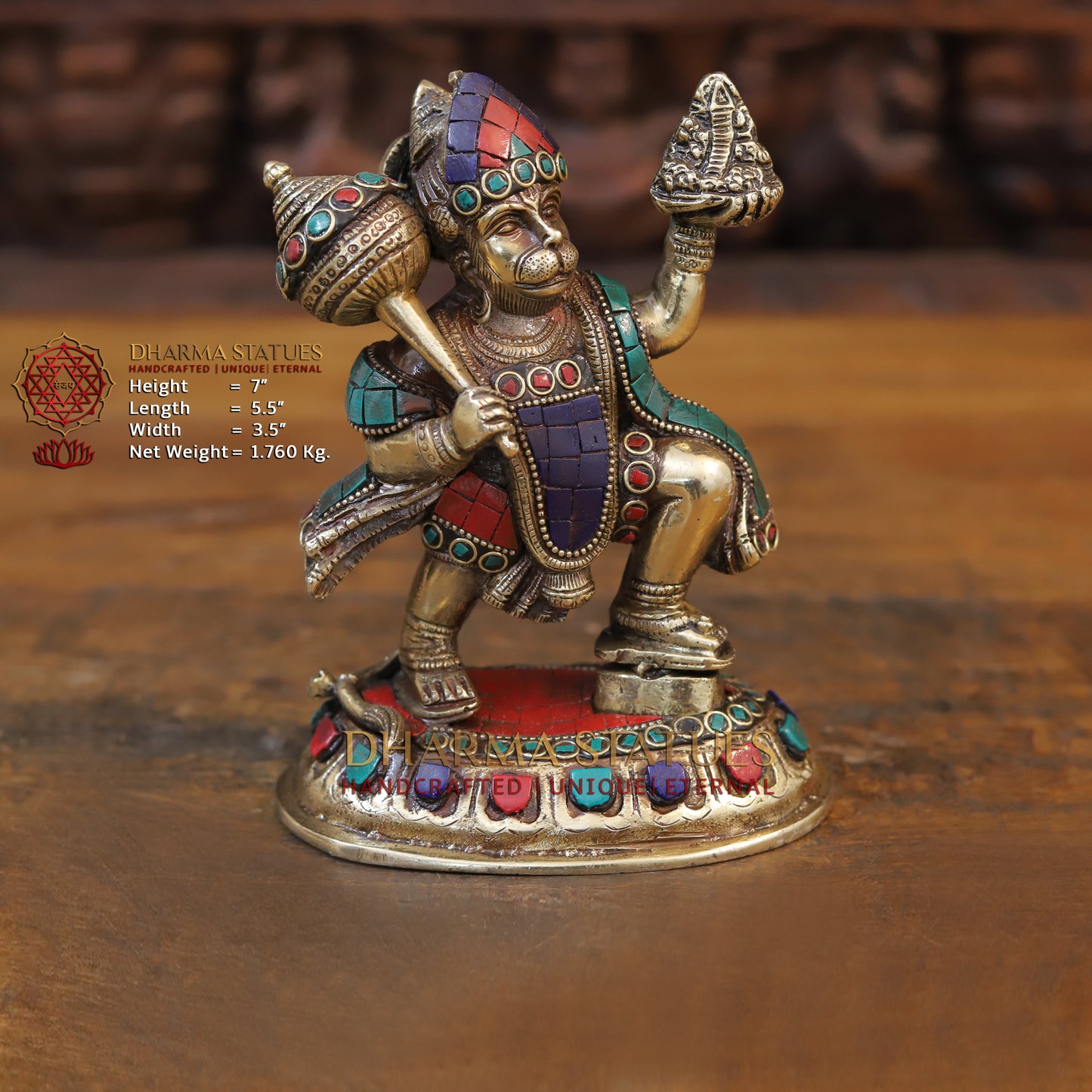 Brass Hanuman Statue Lifting the Sanjivani Mountain, Golden & Stonework, 7"
