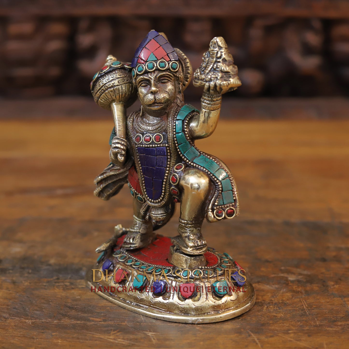 Brass Hanuman Statue Lifting the Sanjivani Mountain, Golden & Stonework, 7"