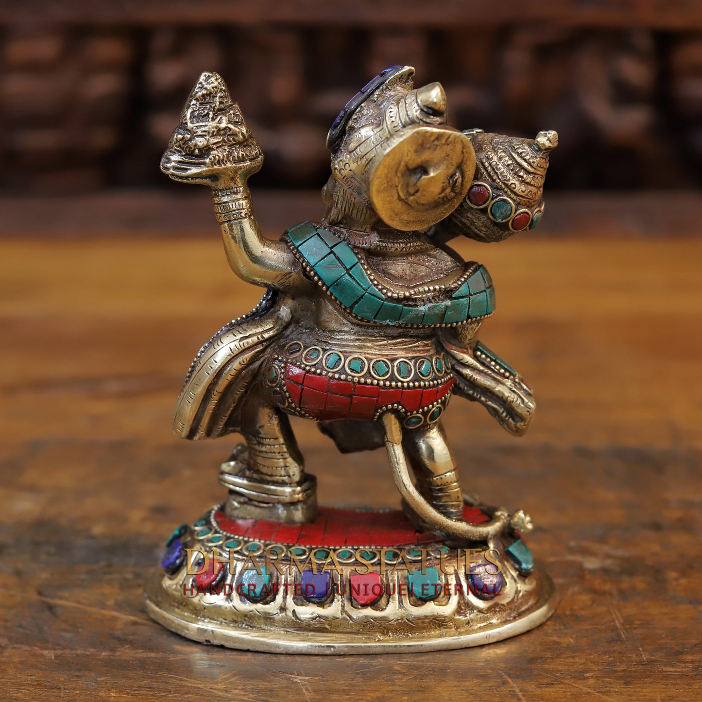 Brass Hanuman Statue Lifting the Sanjivani Mountain, Golden & Stonework, 7"
