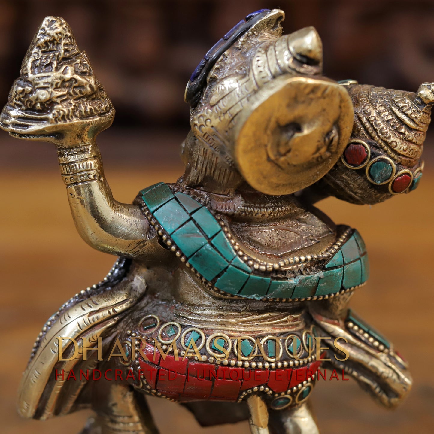 Brass Hanuman Statue Lifting the Sanjivani Mountain, Golden & Stonework, 7"