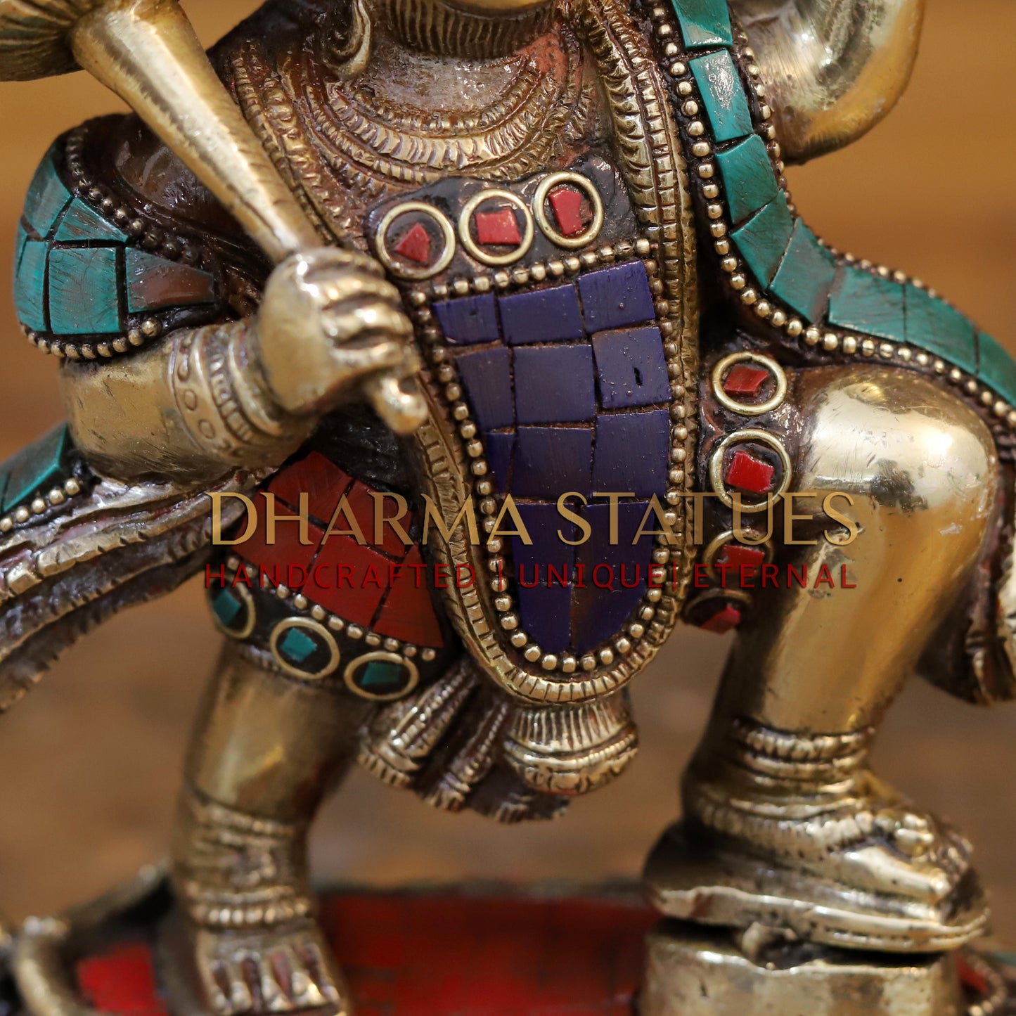 Brass Hanuman Statue Lifting the Sanjivani Mountain, Golden & Stonework, 7"