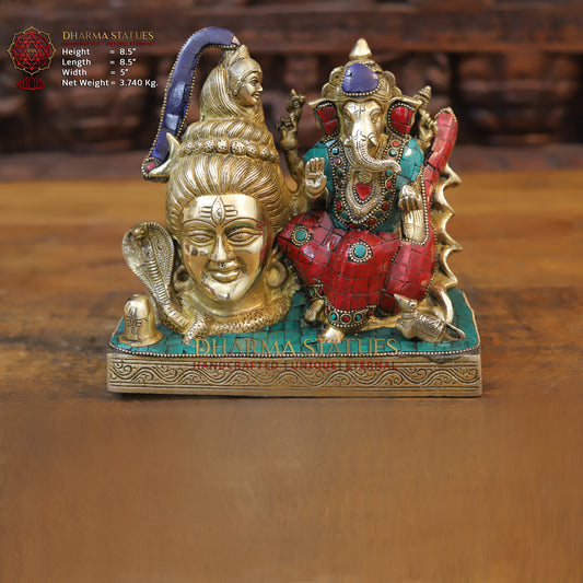 Brass Shiva Ganesh Statue, Golden & Stonework, 8.5"