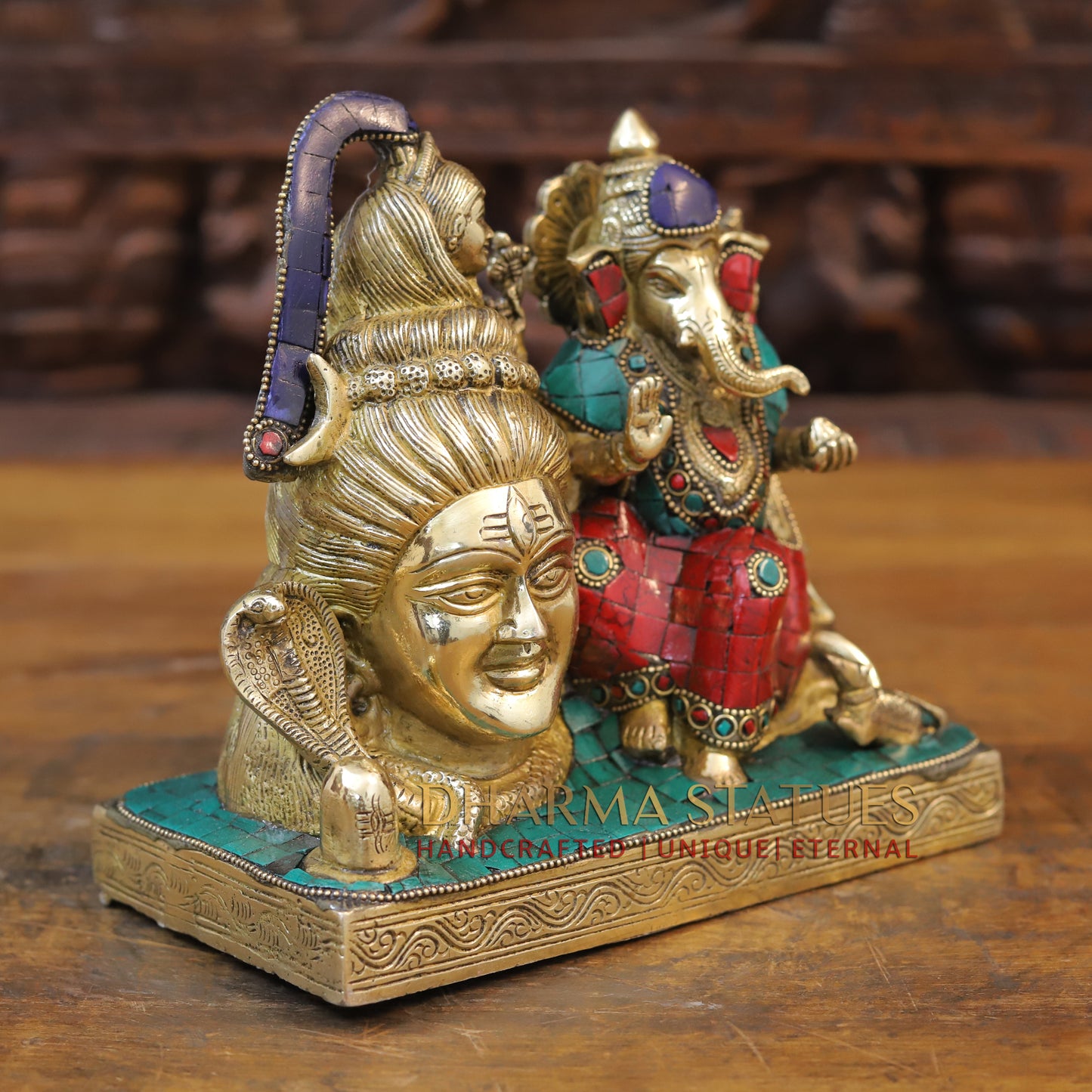 Brass Shiva Ganesh Statue, Golden & Stonework, 8.5"