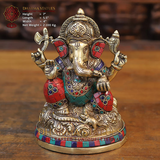 Brass Ganesh seated with rat in Circular base, Golden & Stone work, 7”