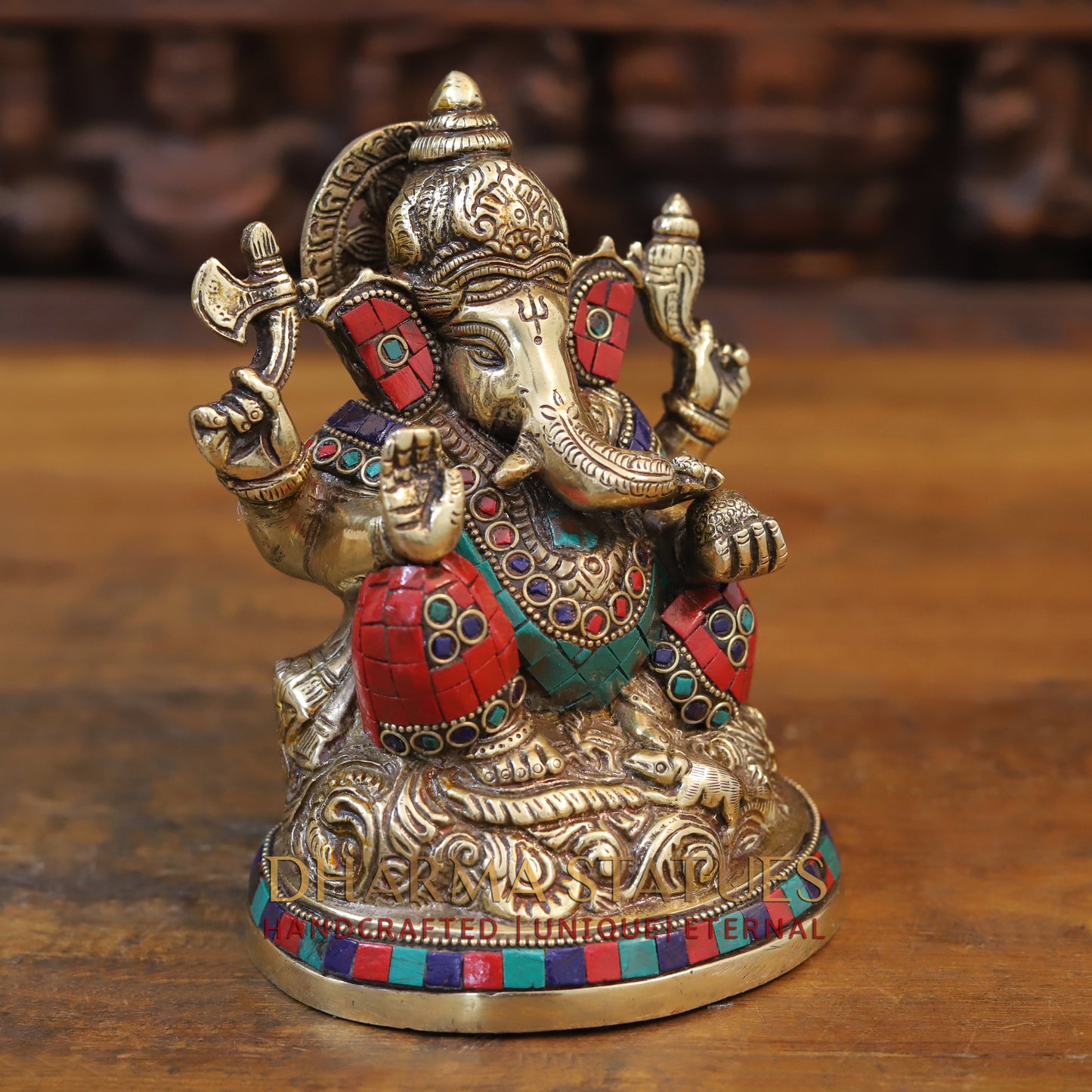 Brass Ganesh seated with rat in Circular base, Golden & Stone work, 7”