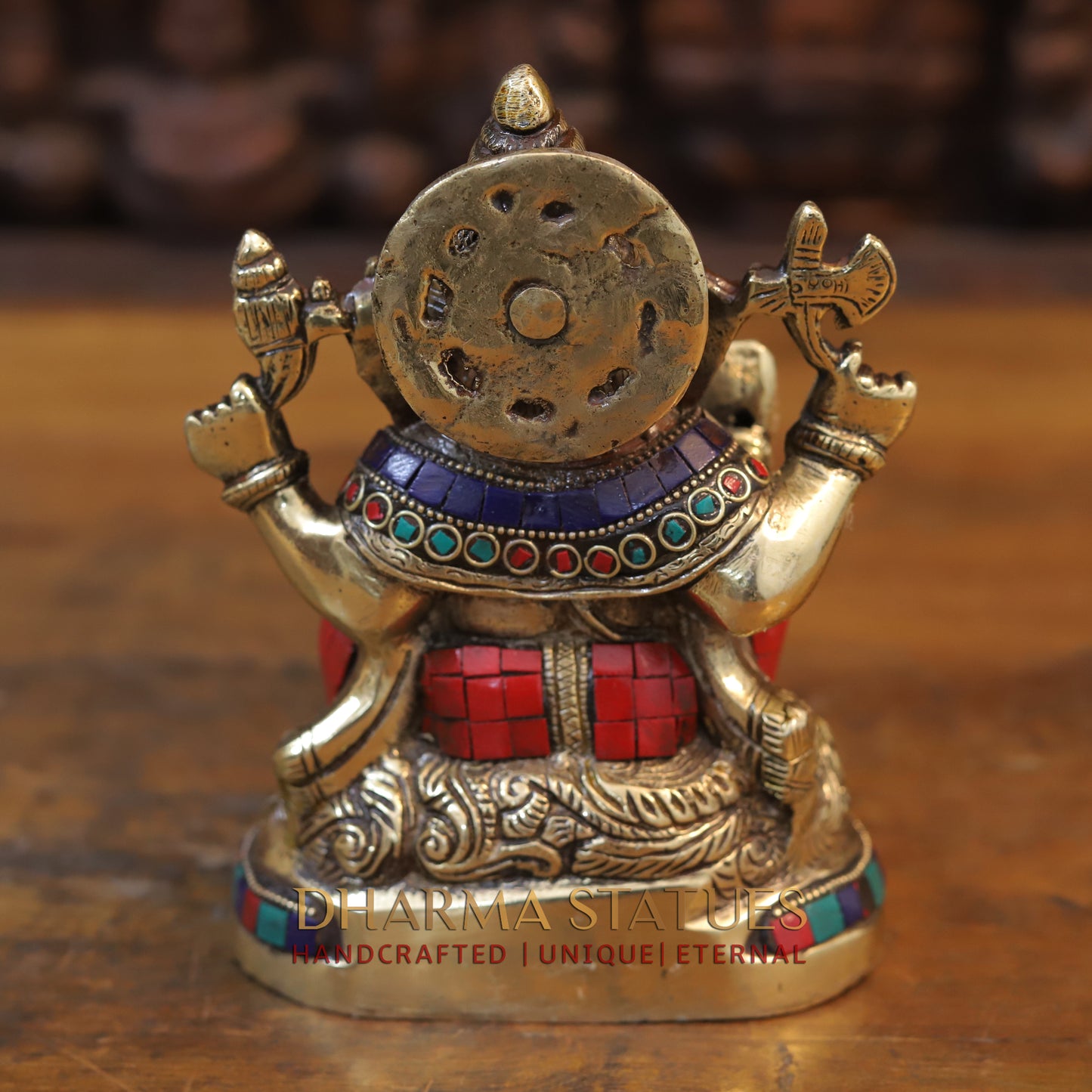 Brass Ganesh seated with rat in Circular base, Golden & Stone work, 7”