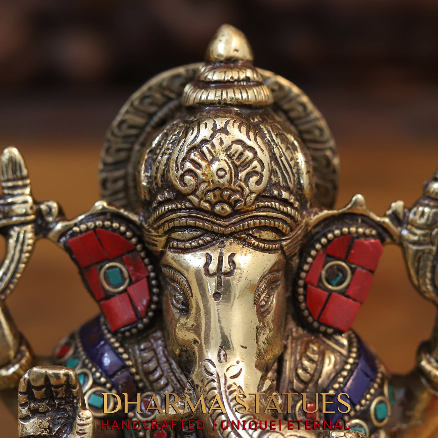 Brass Ganesh seated with rat in Circular base, Golden & Stone work, 7”
