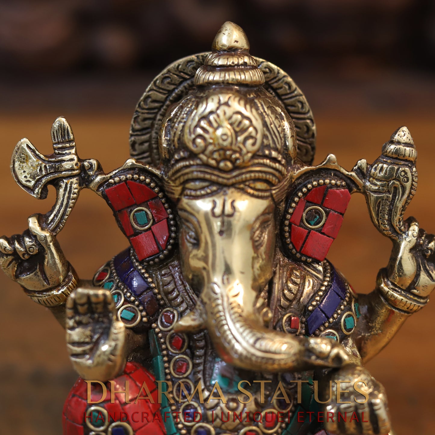 Brass Ganesh seated with rat in Circular base, Golden & Stone work, 7”
