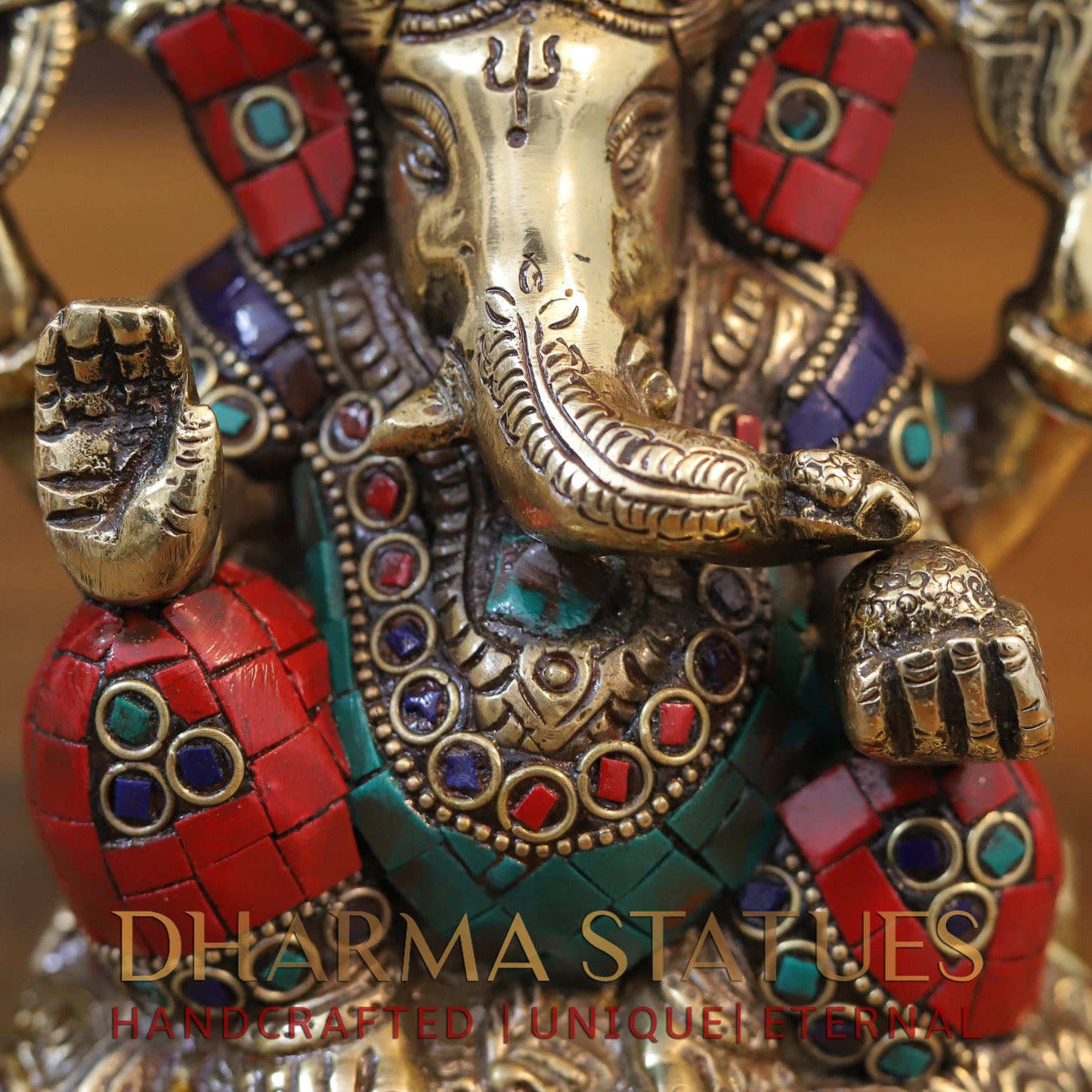 Brass Ganesh seated with rat in Circular base, Golden & Stone work, 7”