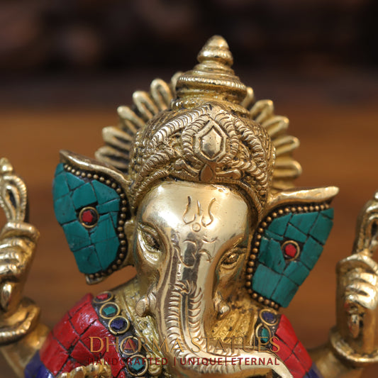 Brass Ganesh seated with tilted neck, Golden & Stone work, 5.5"