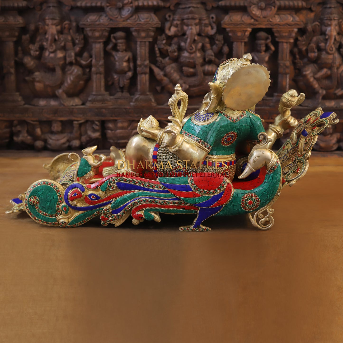 Brass Resting Ganesh, Stonework & Golden Finish, 16"