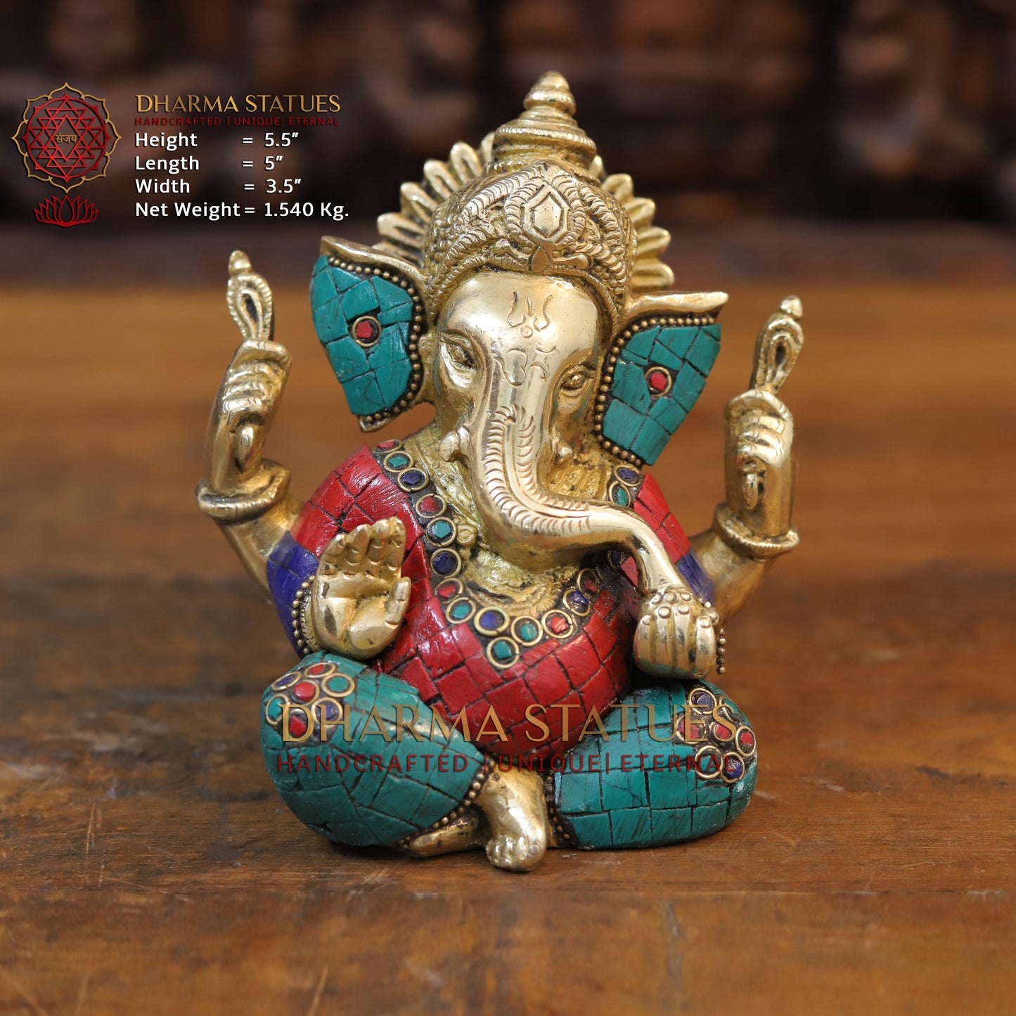 Brass Ganesh seated with tilted neck, Golden & Stone work, 5.5" Front View