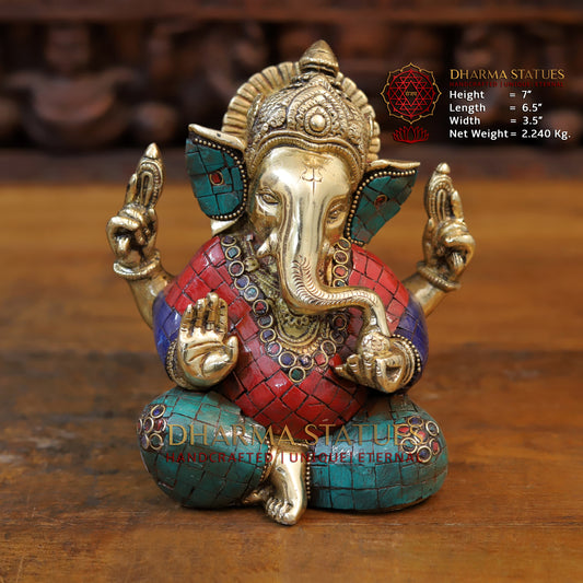 Brass Ganesh seated with tilted neck, Golden & Stone work, 7"