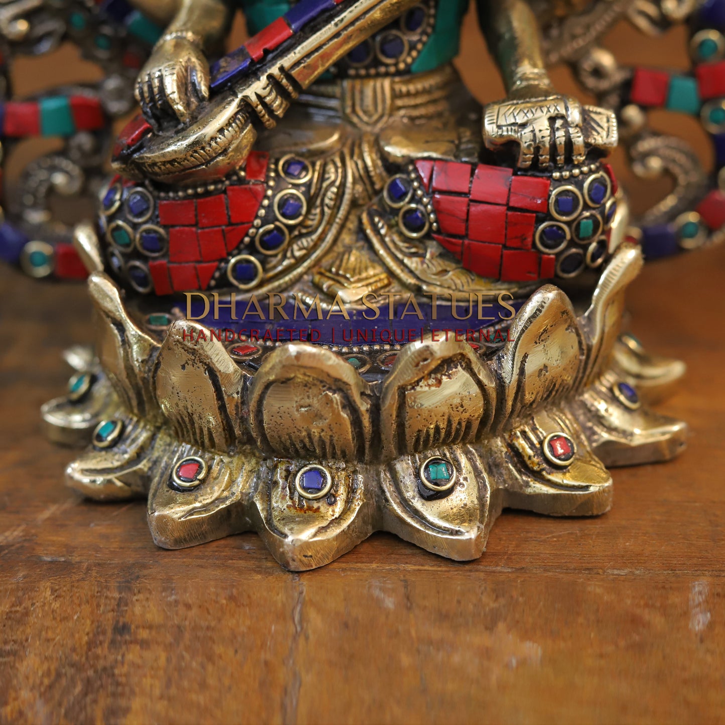 Brass Saraswati Statue seated on lotus, Golden & Stonework, 9.5"