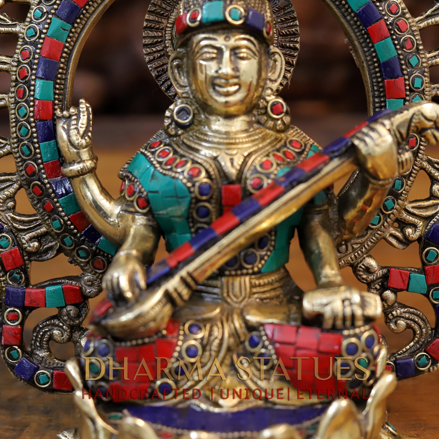 Brass Saraswati Statue seated on lotus, Golden & Stonework, 9.5"