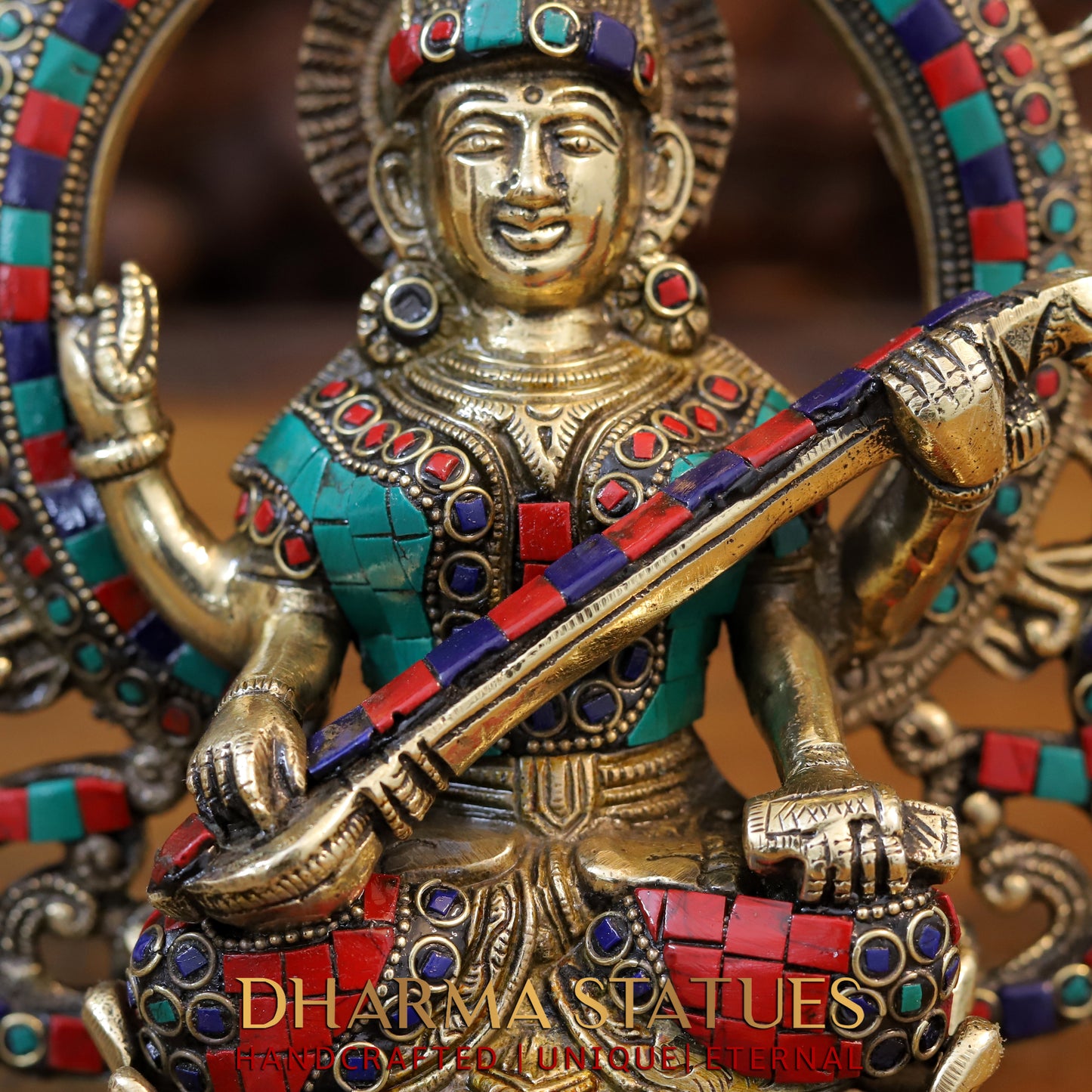 Brass Saraswati Statue seated on lotus, Golden & Stonework, 9.5"