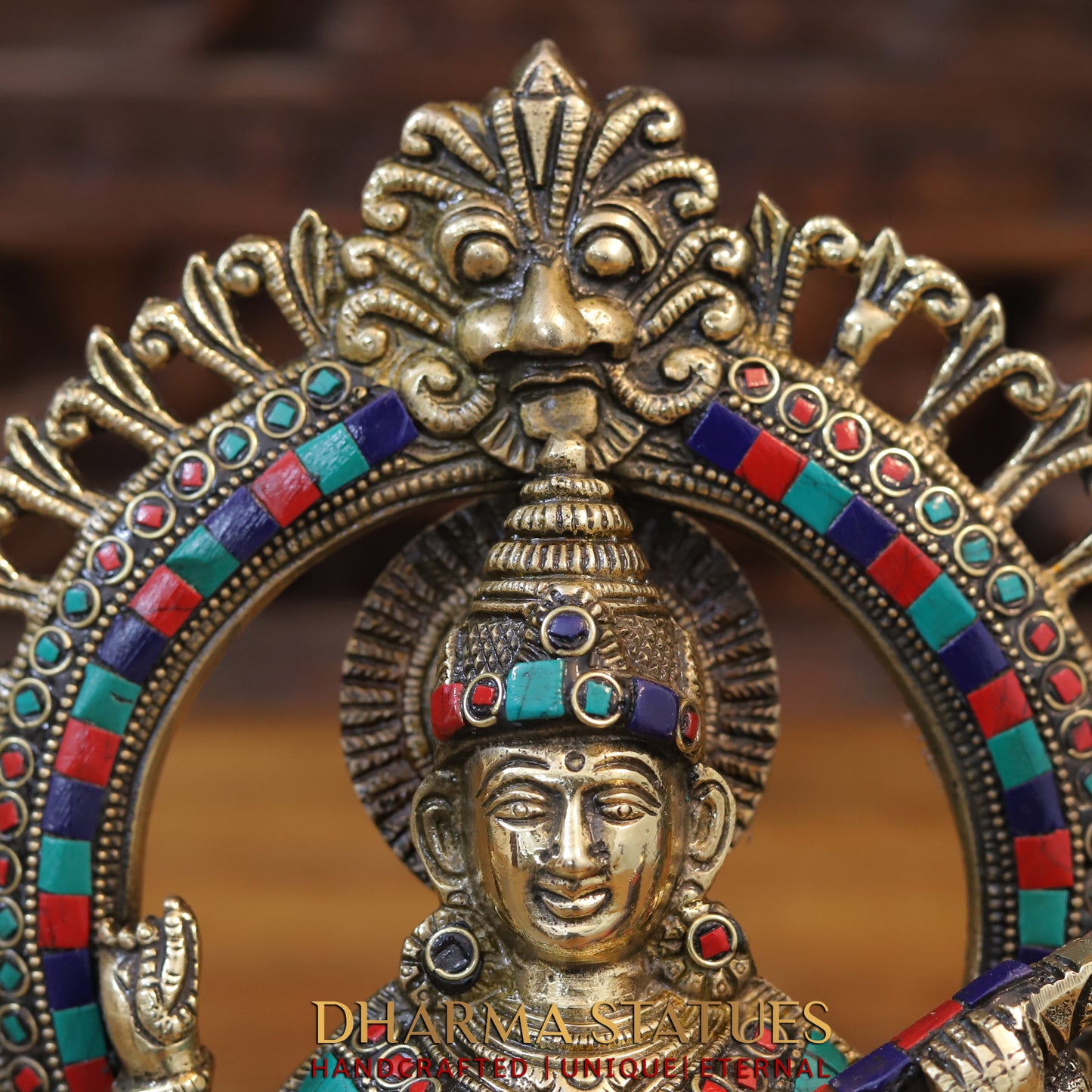 Brass Saraswati Statue seated on lotus, Golden & Stonework, 9.5"