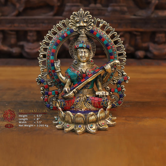 Brass Saraswati Statue seated on lotus, Golden & Stonework, 9.5"
