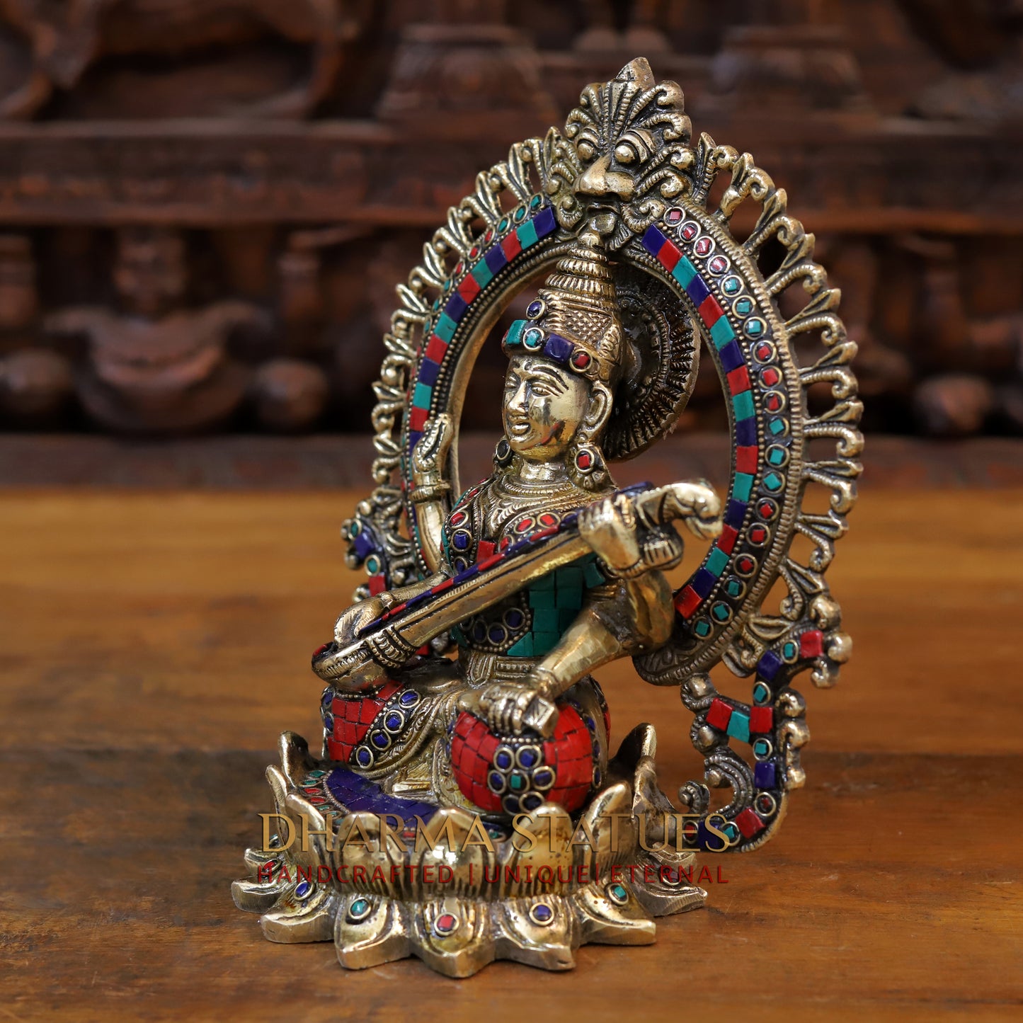 Brass Saraswati Statue seated on lotus, Golden & Stonework, 9.5"