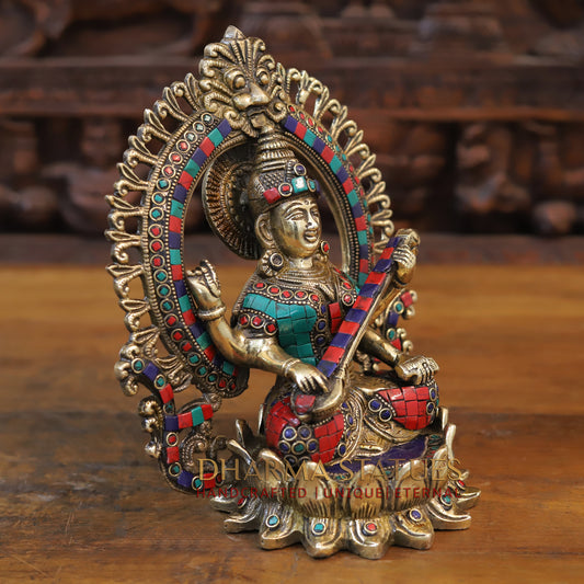 Brass Saraswati Statue seated on lotus, Golden & Stonework, 9.5"