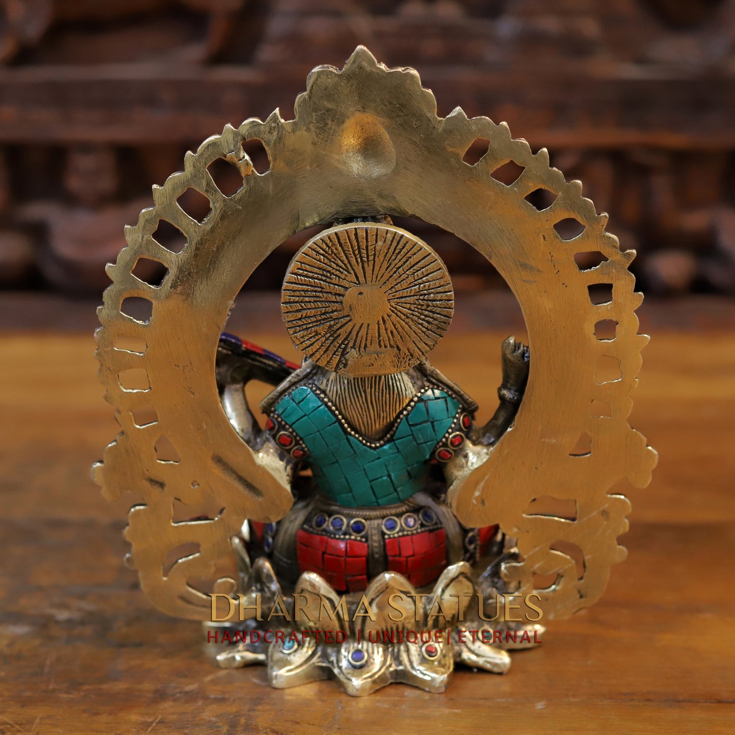 Brass Saraswati Statue seated on lotus, Golden & Stonework, 9.5"
