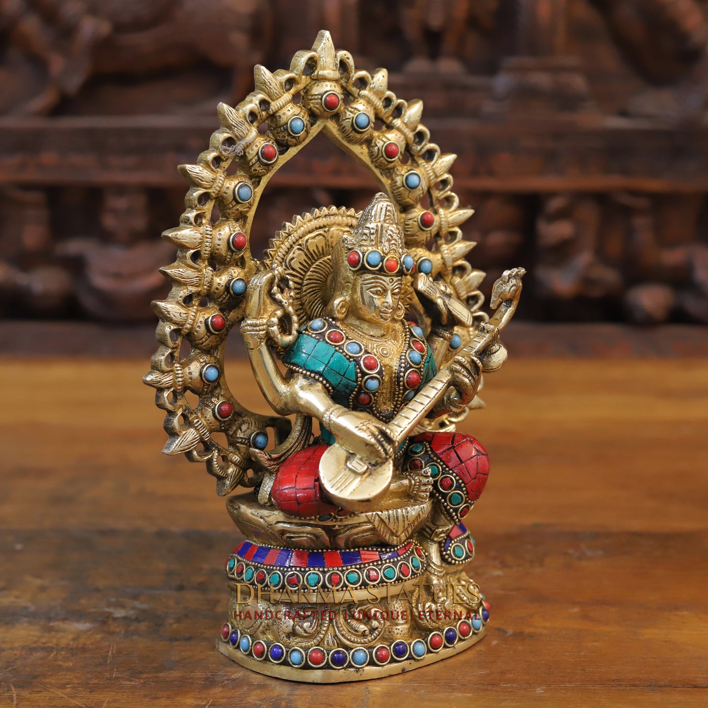 Brass Saraswati Seated, Golden & Stonework, 10.5"