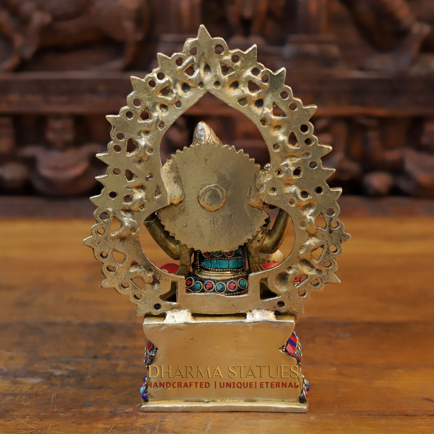 Brass Saraswati Seated, Golden & Stonework, 10.5"
