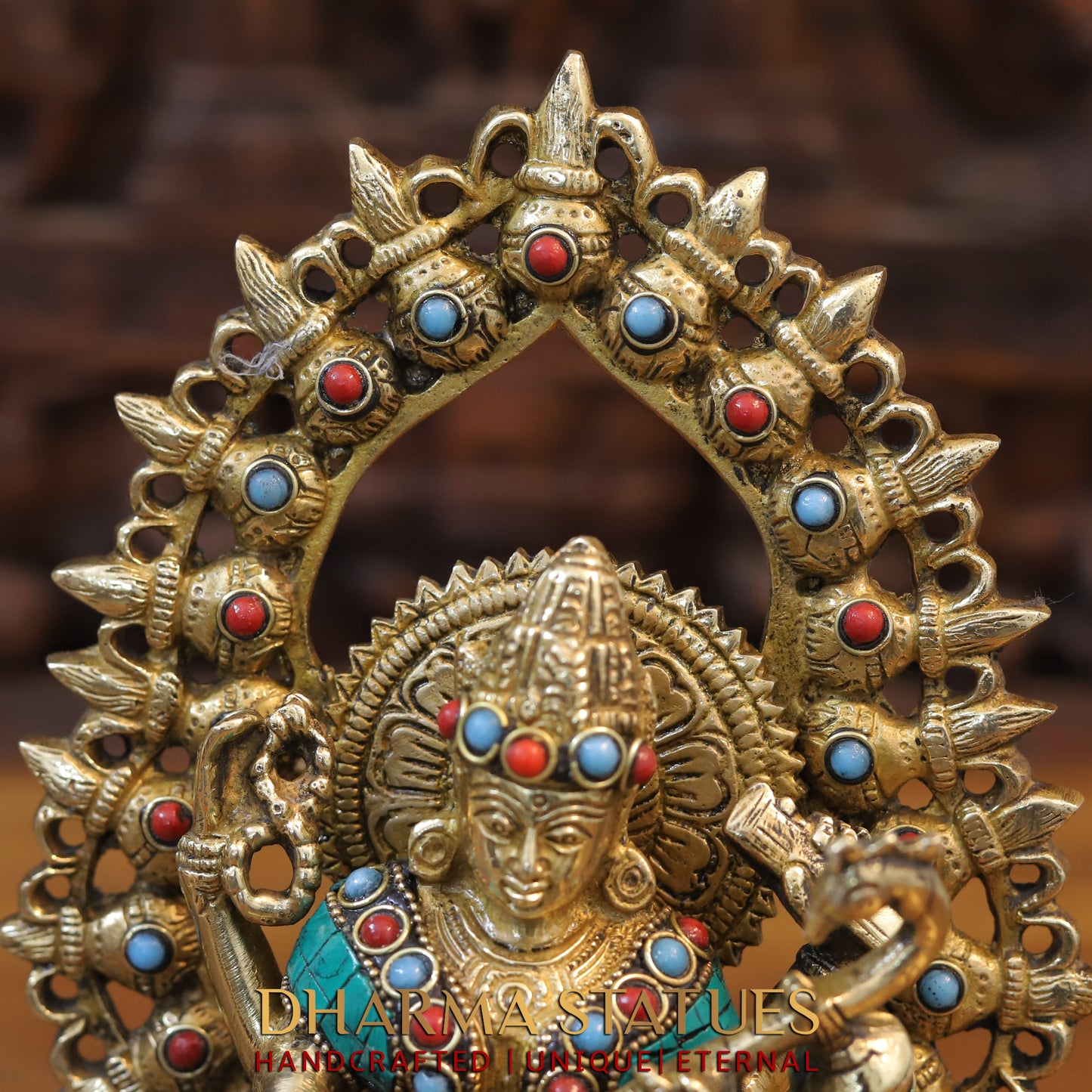 Brass Saraswati Seated, Golden & Stonework, 10.5"