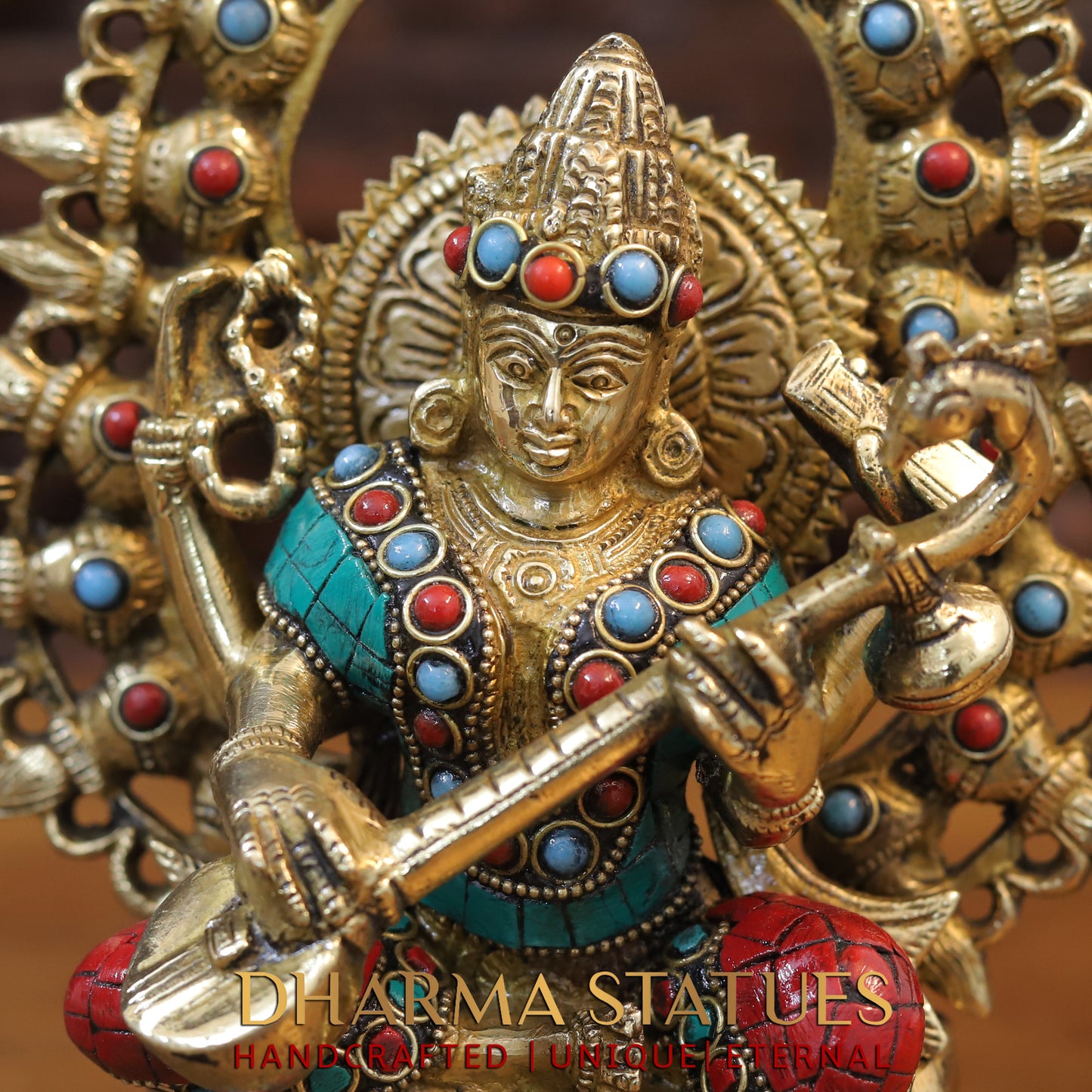 Brass Saraswati Seated, Golden & Stonework, 10.5"