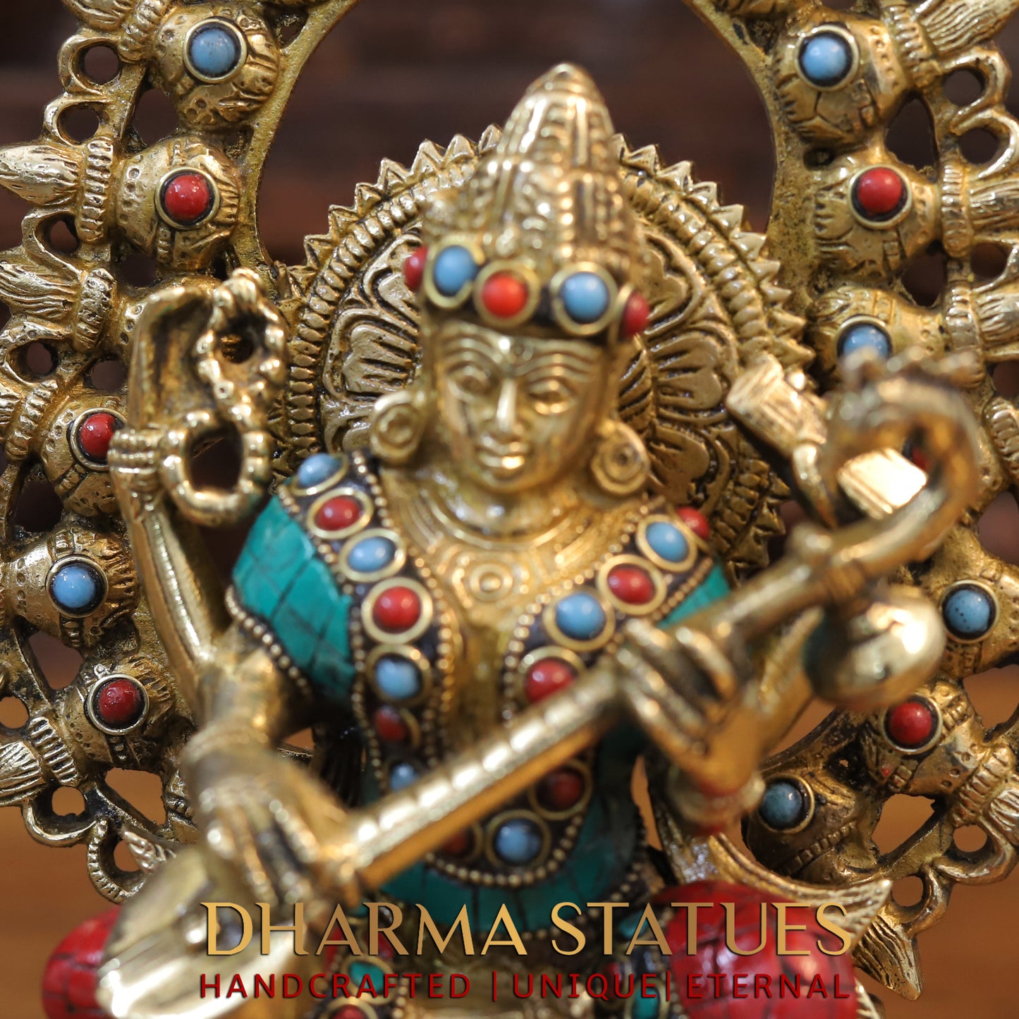 Brass Saraswati Seated, Golden & Stonework, 10.5"