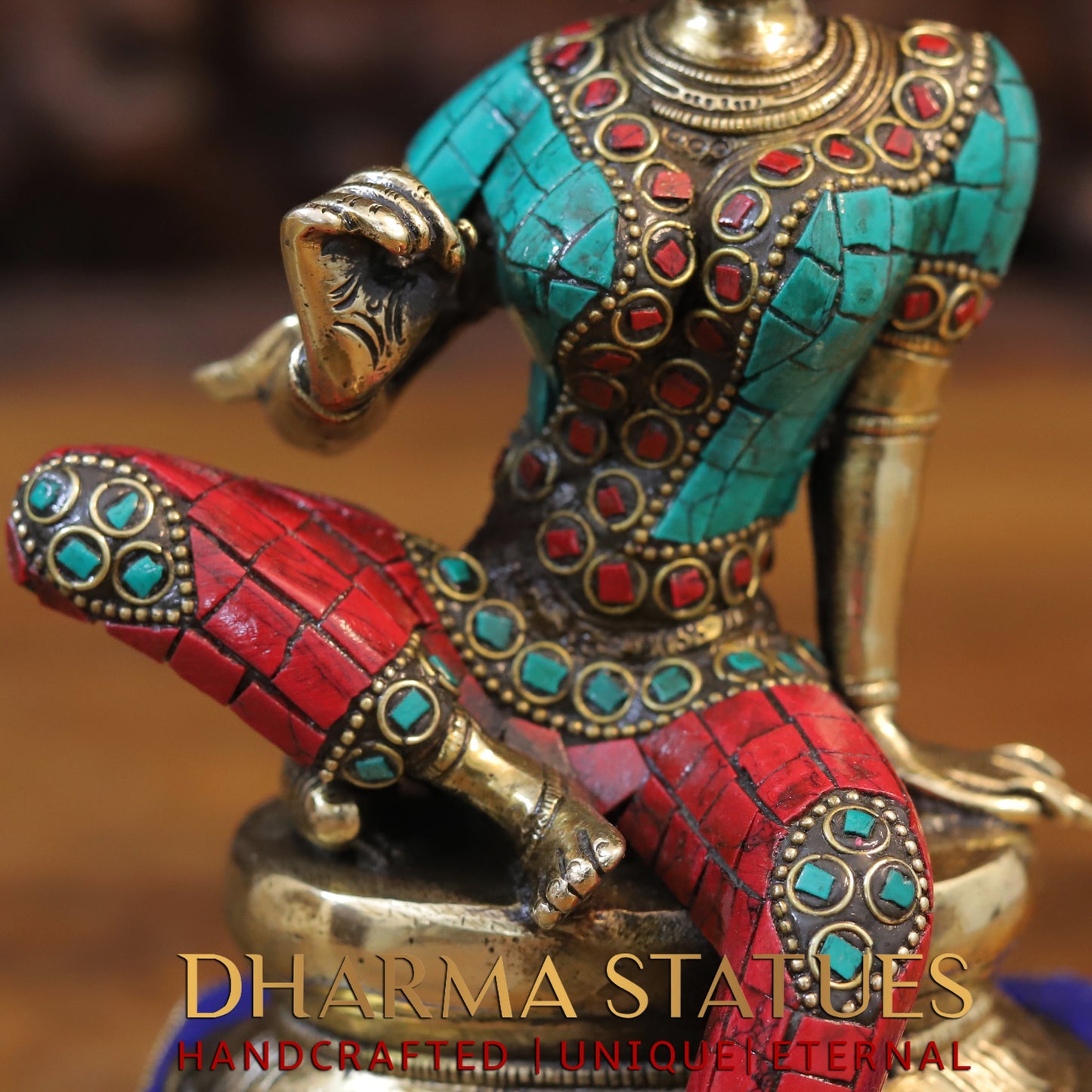 Brass Devi Parwati in Abhaya Mudra, Golden & Stonework, 9"