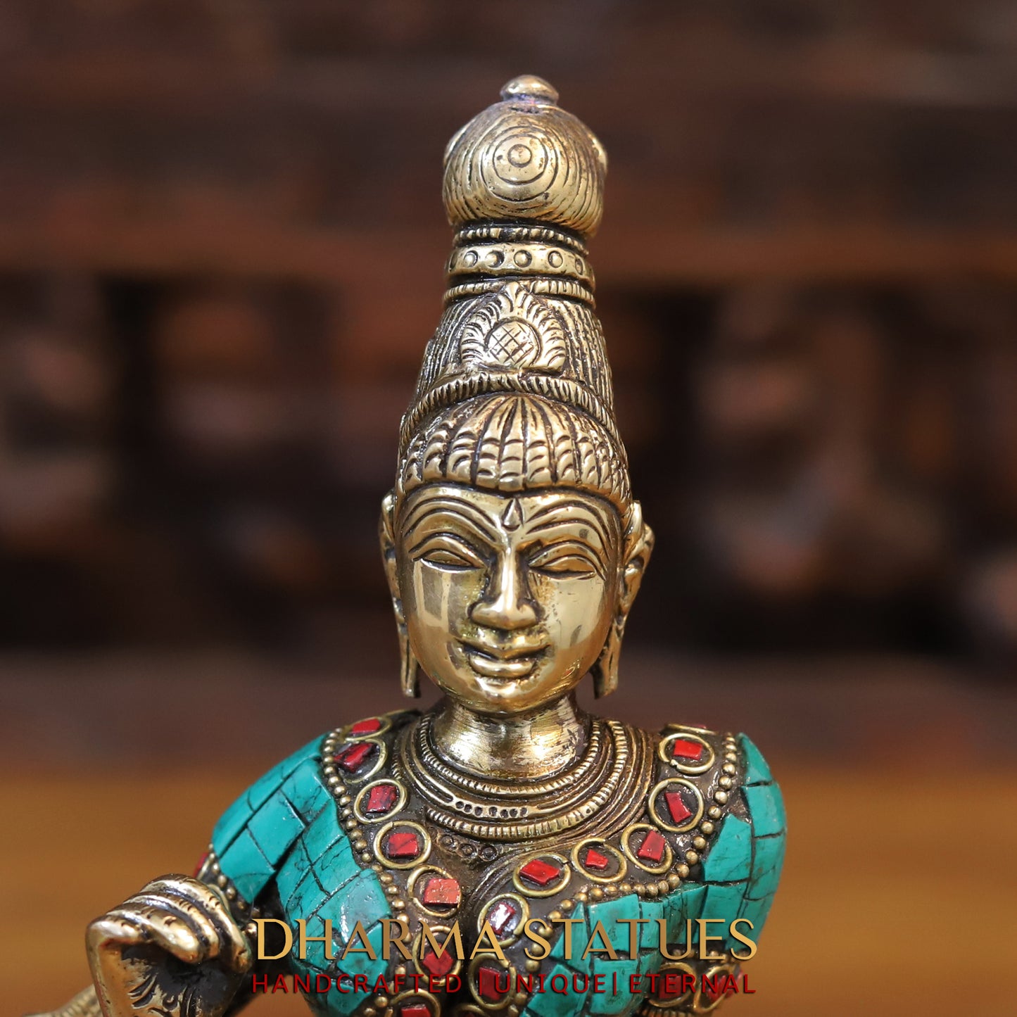 Brass Devi Parwati in Abhaya Mudra, Golden & Stonework, 9"