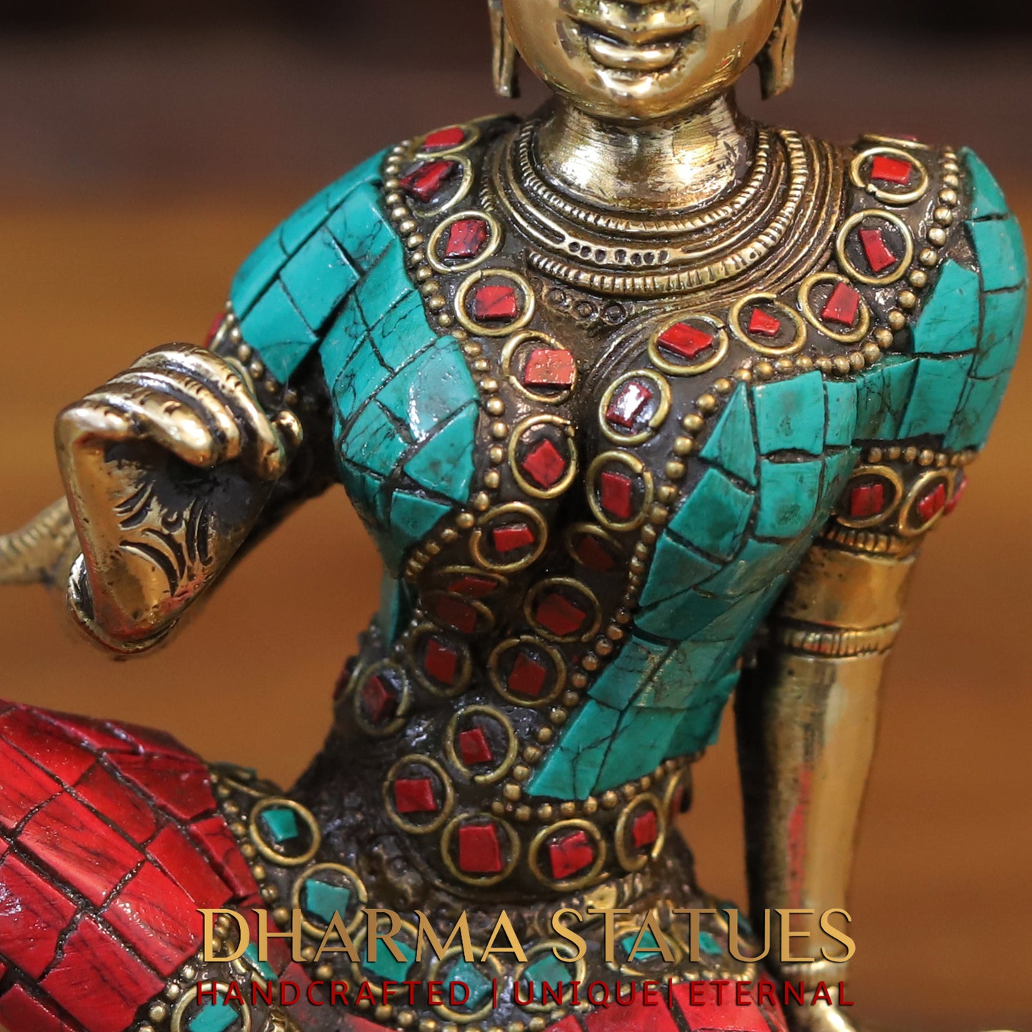 Brass Devi Parwati in Abhaya Mudra, Golden & Stonework, 9"