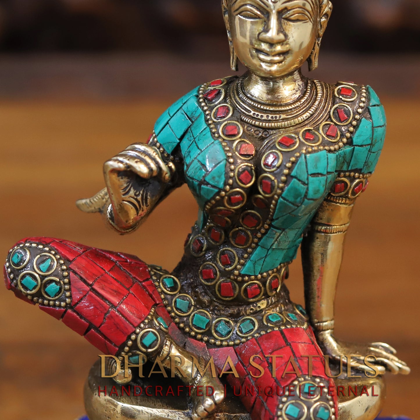 Brass Devi Parwati in Abhaya Mudra, Golden & Stonework, 9"