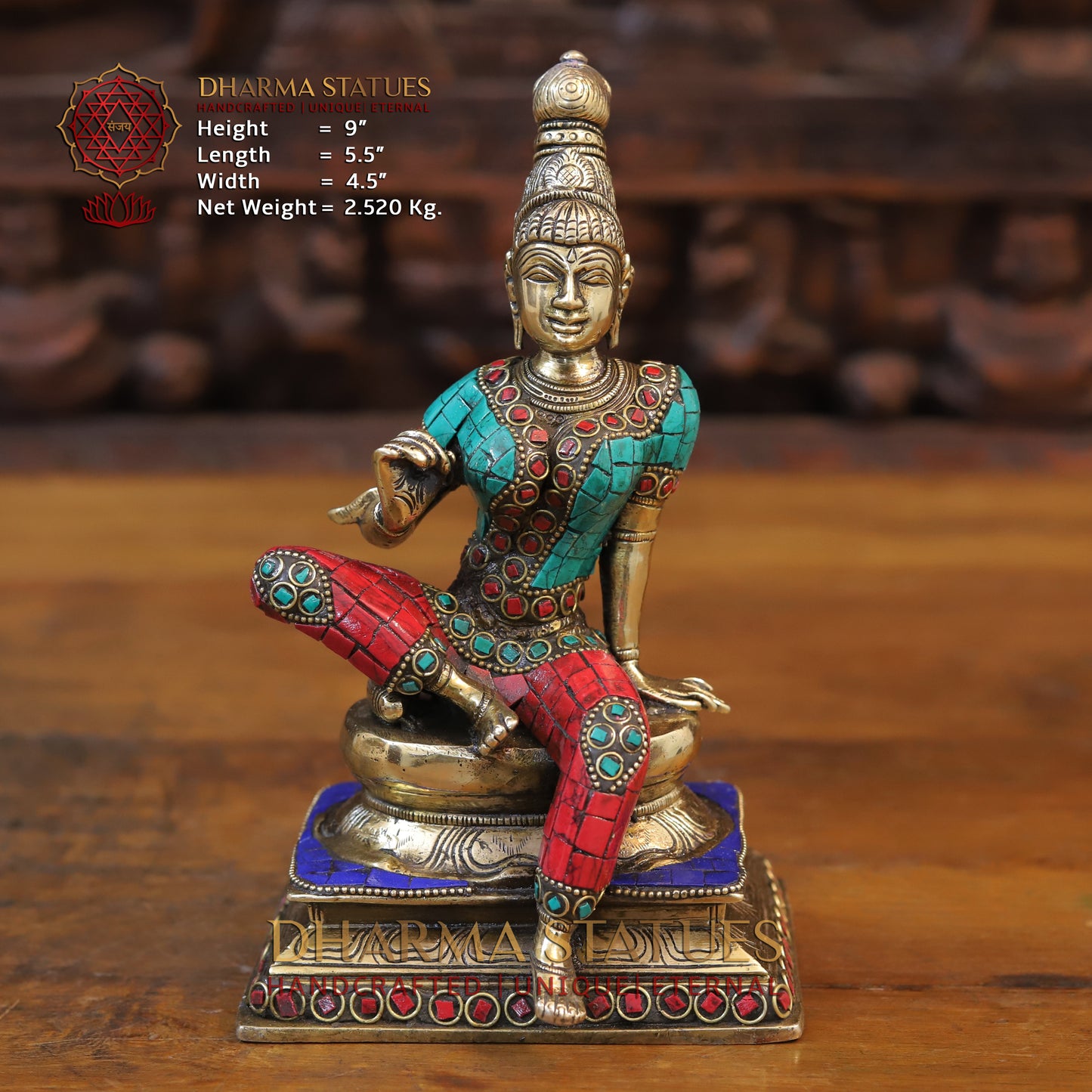 Brass Devi Parwati in Abhaya Mudra, Golden & Stonework, 9"