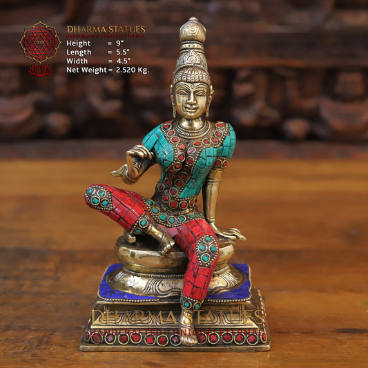 Brass Devi Parwati in Abhaya Mudra, Golden & Stonework, 9"