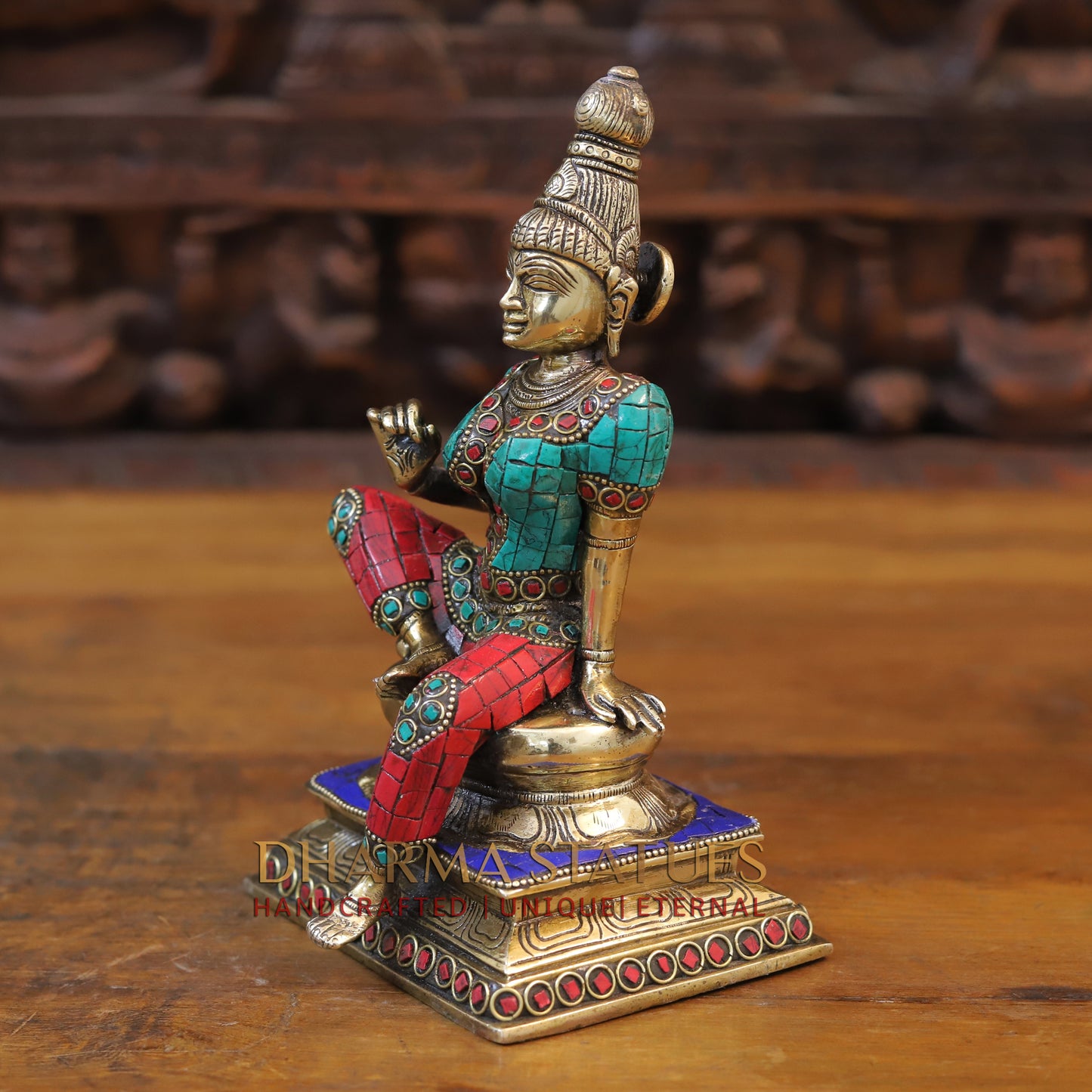 Brass Devi Parwati in Abhaya Mudra, Golden & Stonework, 9"