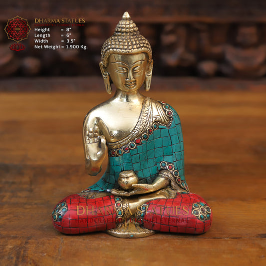 Brass Blessing Buddha, Golden & Stonework, 8"