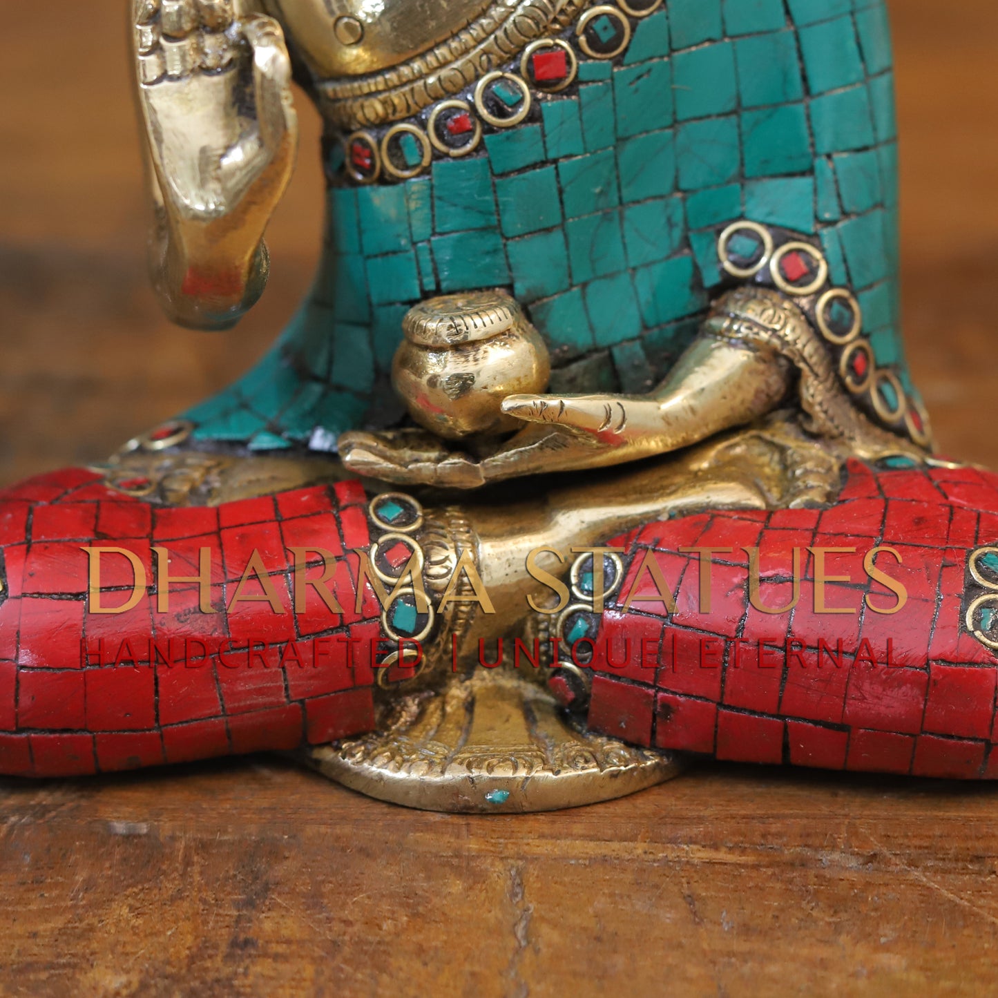 Brass Blessing Buddha, Golden & Stonework, 8"