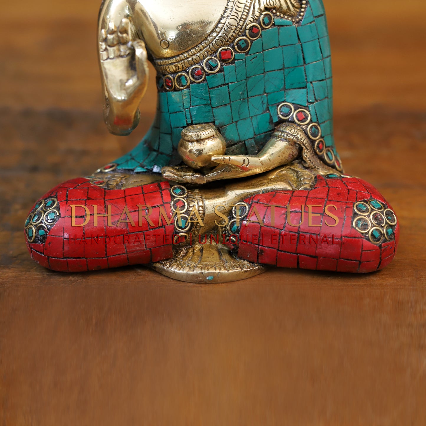 Brass Blessing Buddha, Golden & Stonework, 8"
