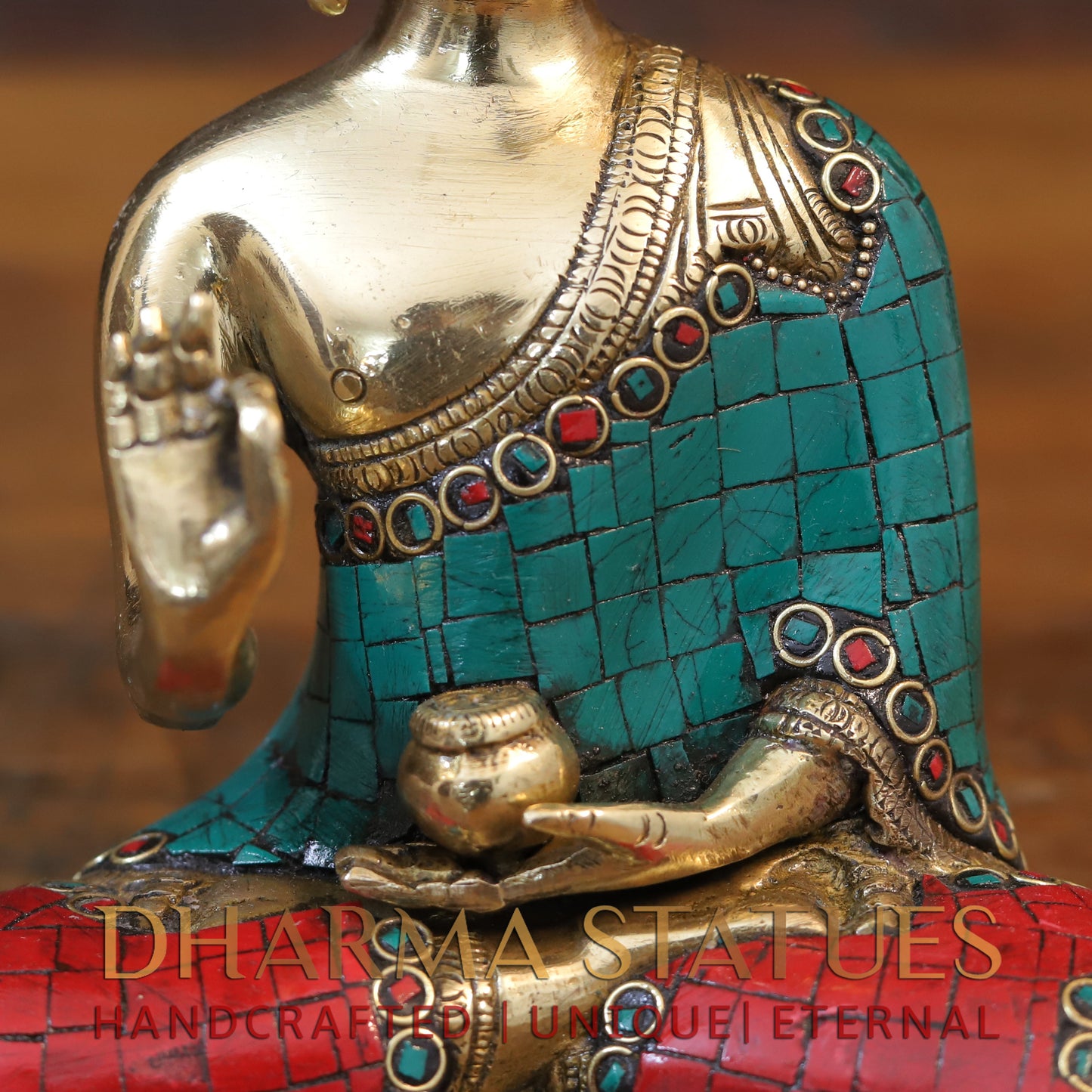 Brass Blessing Buddha, Golden & Stonework, 8"