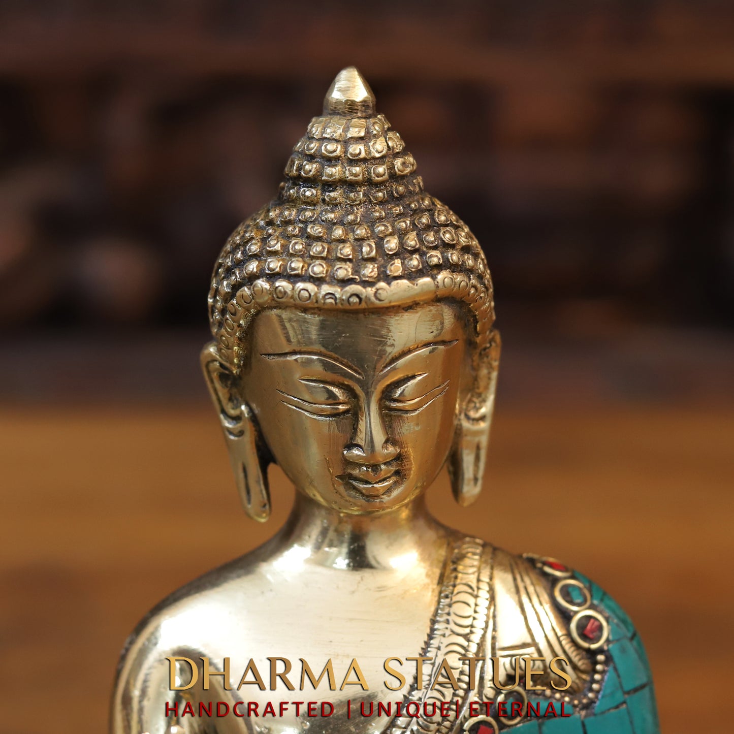 Brass Blessing Buddha, Golden & Stonework, 8"