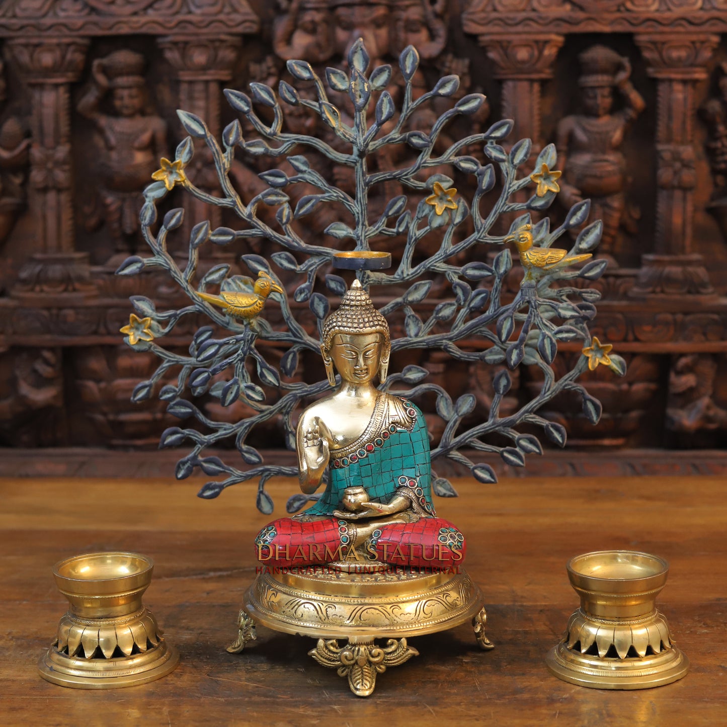 Brass Blessing Buddha, Golden & Stonework, 8"